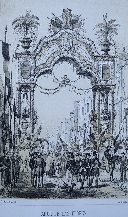 Arco de las Flores. Grabado, en Advenimiento de SS.MM.II. Maximiliano y Carlota al trono de México..., 1864 (Biblioteca Nacional de México, Instituto de Investigaciones Bibliográficas, UNAM).