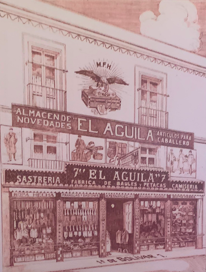 Ilustración que representa el almacén de novedades El Águila, que ocupaba varias accesorias del edificio de Betlemitas. Se encontraba sobre la calle de Bolívar.