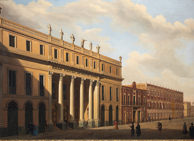 Otra pintura de Pedro Gualdi. El exterior del Teatro Nacional hacia 1850 (Colección del Banco Nacional de México).