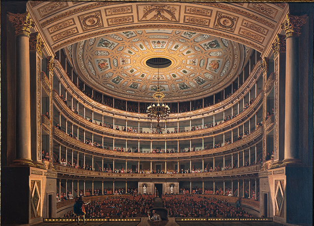 Sala de espectáculos del Teatro Nacional. Pintura de Pedro Gualdi realizada hacia 1850 (Colección del Banco Nacional de México).