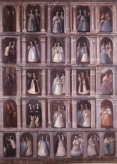 Autor no identificado. Hábitos de las religiosas de los conventos novohispanos, óleo sobre tela, siglo XVIII. (secretaría de Cultura-INAH-Museo Nacional del Virreinato).