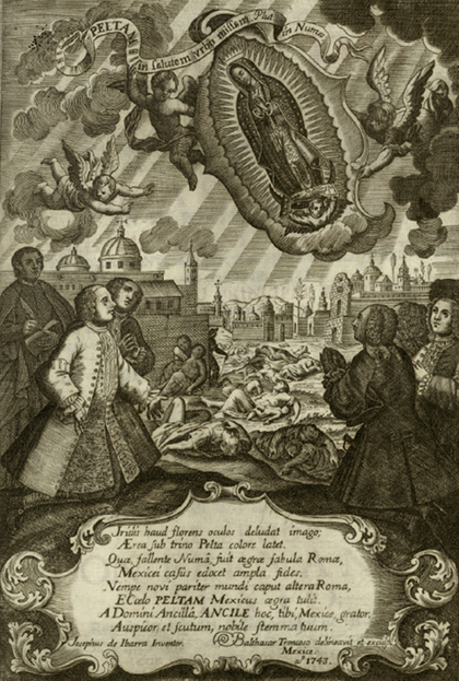 Nuestra Señora de Guadalupe protefiendo a la Ciudad de México ante la epidemia de matlazáhuatl. Ilustración realizada por José de Ibarra para la obra de Cayetano Cabrera y Quintero, <em>Escudo de armas de México,</em> 1746 (Biblioteca Virtual Miguel de Cervantes).