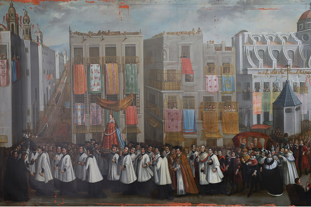 Ante la impotencia frente a las epidemias era común pedir ayuda a la Virgen. Anónimo, Procesión de Nuestra Señora de Loreto a México, 1727. Parroquia de San Pedro Apóstol en Zacatenco, Ciudad de México. Arquidiócesis Primada de México.
