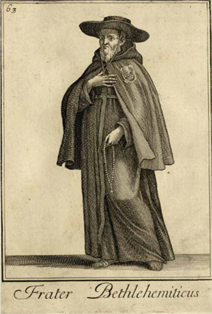 Hábito Bletlemita. Frater Bethlehemiticus. Tomado de la obra de Filippo Bonanni. Catalogo degli ordini religiosi della chiefa militante. Espressi con imagini, e ipiegati con una breve narrazione, offerto alla santita' di N.S. Clemente XI. Parte prima, 1714 (books.google.com.mx).