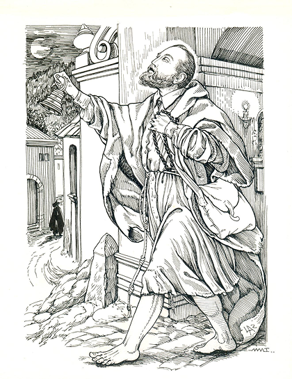 El hermano Pedro pidiendo limosna con su campanilla (Beaterio de Belén, órgano oficial de la Asociación de Devotos de la C.I. de Jesús Nazareno del Beaterio de Belén, Guatemala, Guatemala).