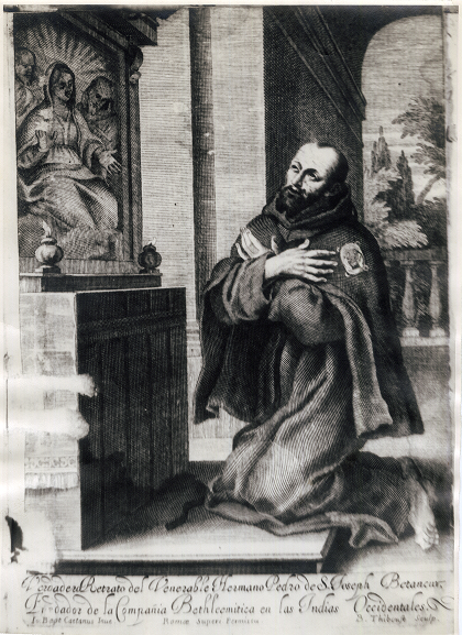 Un grabado con la imagen de Fray Pedro de San José Betancourt. En el anverso puede leerse: "Verdadero retrato del venerable hermano Pedro de San Joseph Betancur E(ilegible) la compañía Bethlemitica en las Indias Occidentables Io Bapt Cactanusinue Roma Superi Permissum B.Tibunse Seulp". (Secretaría de Cultura-INAH-SINAFO-FN.MX).