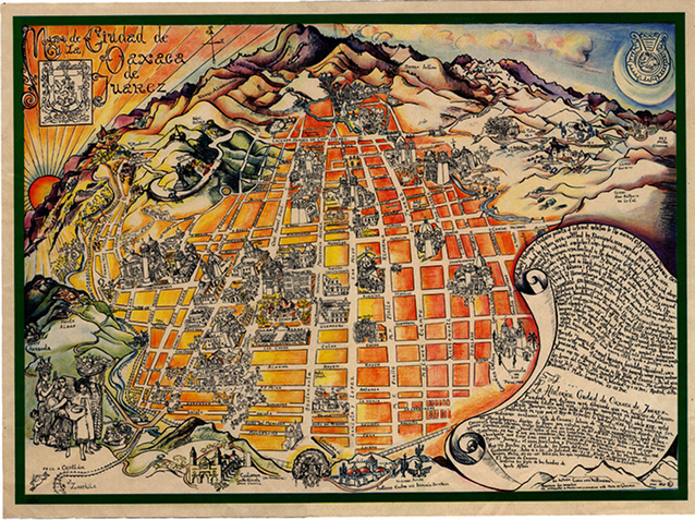 Mapa turístico de la ciudad de Oaxaca, elaborado por Cora. Fue publicado en el periódico The News en marzo de 1971. Archivo Cora van Millingen. Cortesía de Patricia Díaz Romo.