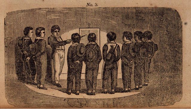 Un grupo de estudiantes recibe clases de su monitor en una escuela lancasteriana.  Ilustración tomada del libro <em>The British System of Education: Being a Complete Epitome of the Improvements and Inventions,</em> 1812 (HathiTrust Digital Library)