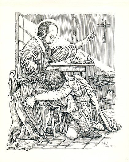 Arrepentimiento de don Rodrigo Arias de Maldonado (Beaterio de Belén, órgano oficial de la Asociación de Devotos de la C.I. de Jesús Nazareno del Beaterio de Belén, Guatemala, Guatemala).