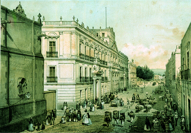 Visita del Colegio de Minería sobre la calle de San Andrés (Tacuba).  A su izquierda podemos ver la parte trasera de la iglesia de Nuestra Señora de Belén, con su nico en el muro.  Litografía de Casimiro Castro y G. Rodríguez (Colección del Banco de México).