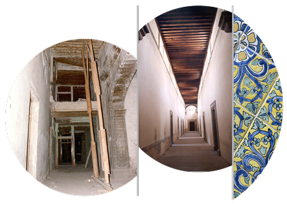 Los corredores interiores del ex convento, antes y después de la restauración.