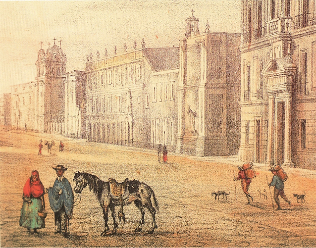 Visita del edificio de Betlemitas por la calle de San Andrés (Tacuba).  Litografía de Pedro Gualdi (detalle), 1855.  (Colección del Banco de México).