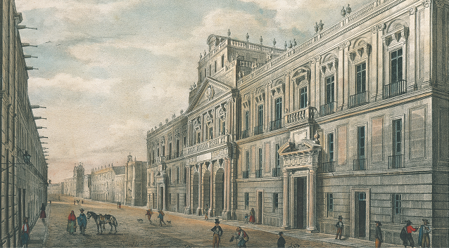 El Colegio de Minería y la calle de San Andrés (Tacuba).  Al fondo puede distinguirse el edificio de Betlemitas.  Litografía de Pedro Gualdi, 1855.  (Colección del Banco de México).