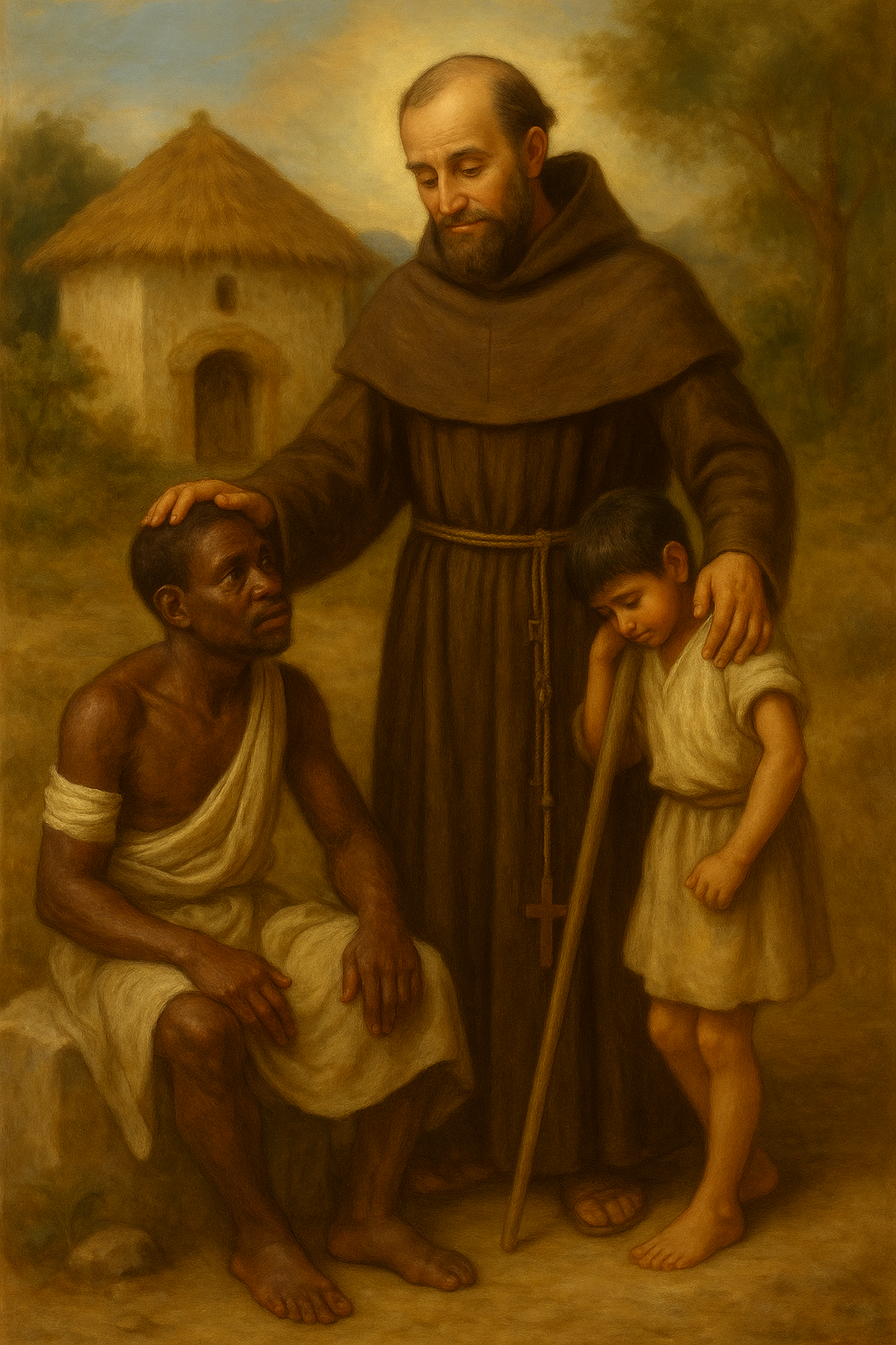 Fray Pedro y su primer hospital. Imagen generada con Inteligencia Artificial.