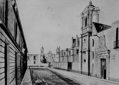 El Callejón de Betlemitas en el siglo XIX. Del lado derecho podemos ver la antigua iglesia y el hospital. Secretaría de Cultura-INAH-SINAFO-FN.MX. Archivo Casasola.