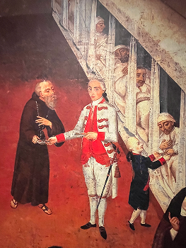 Escena del hospital de los Betlemitas en Quito. Detalle de la obra <em>Visita de la Autoridad Real al Hospital de la Misericordia de Nuestro Señor Jesucristo de Quito.</em> Museo de Medicinal del Ecuador.