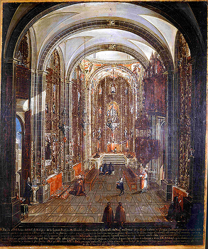 Interior de la iglesia según el exvoto de Carlos de Villalpando, 1734. INAH-Museo Nacional del Virreinato, Tepotzotlán.