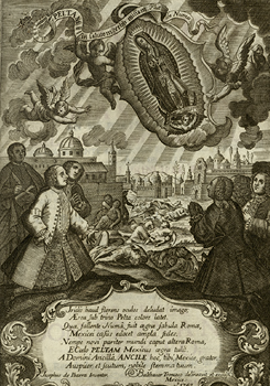 Nuestra Señora de Guadalupe protegiendo a la Ciudad de México ante la epidemia de matlazáhuatl. Ilustración realizada por Jesús de Ibarra por la obra de Cayetano.