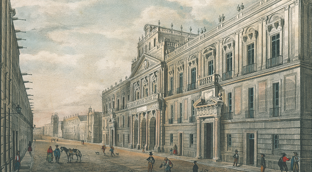 Vista del edificio de Betlemitas por la calle de San Andrés, hoy Tacuba. Detalle de una litografía de Pedro Gualdi, 1855. Colección del Banco de México.