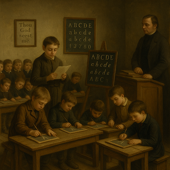 La clase de escritura en una escuela Lancasteriana. Imagen generada con Inteligencia Artificial.