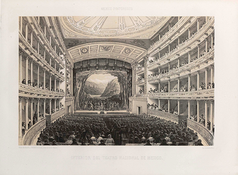 Interior del Teatro Nacional, 1850. <em>Álbum Méjico Pinteoresco</em>, M. Lemercier. Editor: Julio Michaud. Litografía. Universidad Metodista del Sur, EUA.