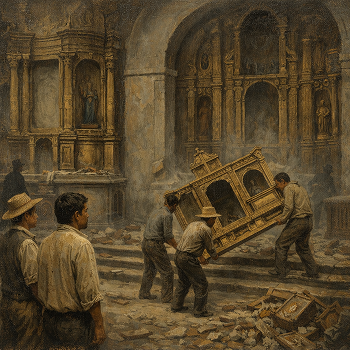 Saqueo de la iglesia de los Betlemitas. Ilustración generada con Inteligencia Artifical.